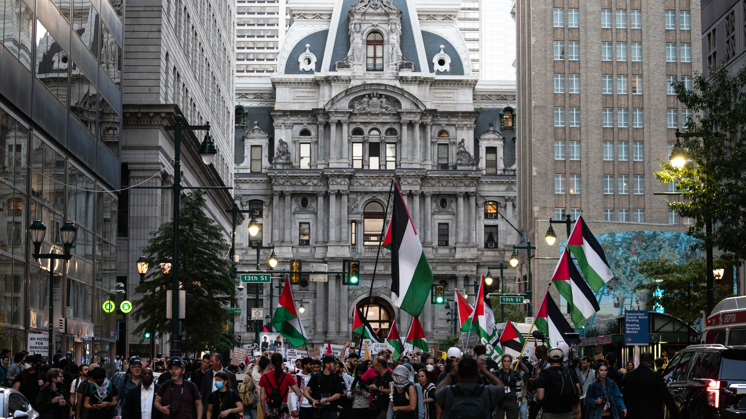 ProPalestinian demonstrators rally in front of Philadelphia City Hall on September 10 2024 ahead of the presidential debate.