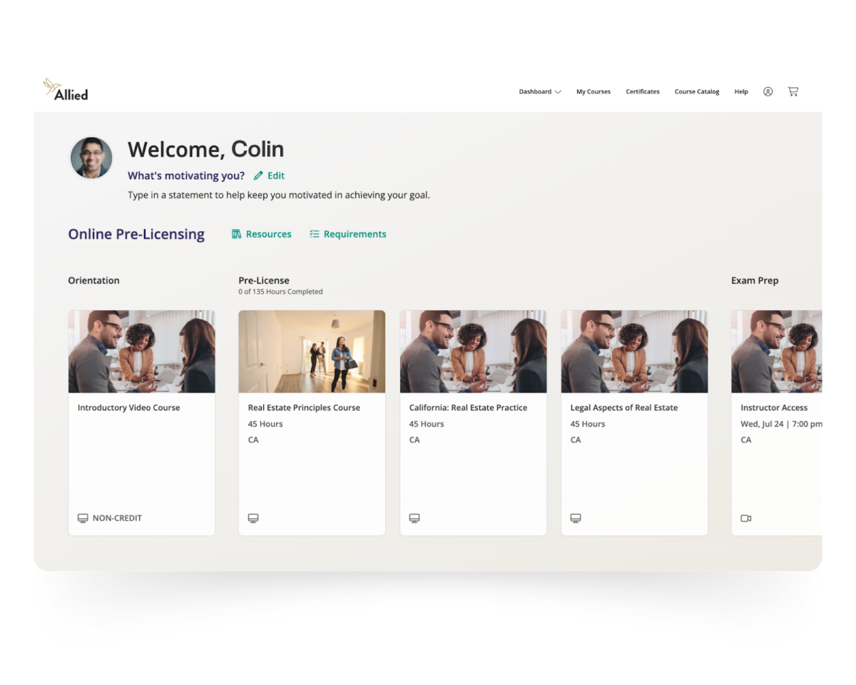 Screenshot of Allied Real Estate Schools dashboard