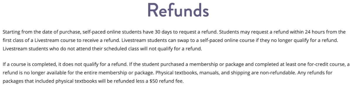 Screenshot of Allied Real Estate Schools refund policy