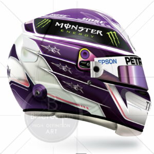 Lewis Hamilton 7th World Championship Season in 2020 racing helmet profile and his Mercedes F1 car from the F1 Posters & Prints store collection.