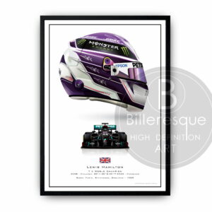 Lewis Hamilton 7th World Championship Season in 2020 racing helmet profile and his Mercedes F1 car from the F1 Posters & Prints store collection.