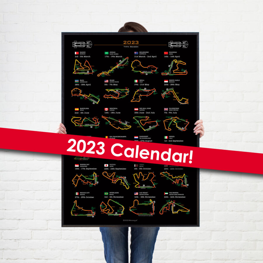 Formula 1 2023 Season Info Calendar Poster on Black from the F1 Posters & Prints store collection.