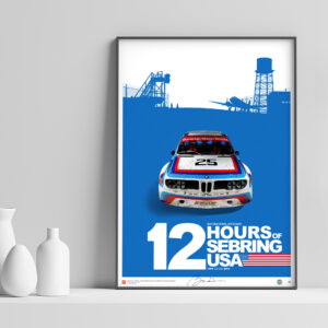 Bmw csl 3.0, E9, IMSA, Sebring 1975. Limited and signed edition, poster printed on art paper, old-fashioned racing, car poster  by Exclusive edition