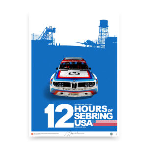 Bmw csl 3.0, E9, IMSA, Sebring 1975. Limited and signed edition, poster printed on art paper, old-fashioned racing, car poster  by Exclusive edition