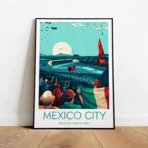 Mexico City poster, F1 Grand Prix artwork, Autodromo Hermanos Rodriguez, Mexico Grand Prix, Fan art, Black frame from the F1 Posters & Prints store collection.