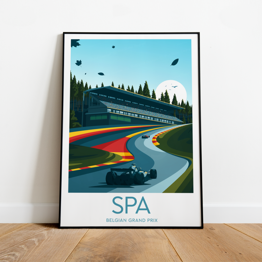 Spa poster, F1 Belgian Grand Prix, Belgian Grand Prix artwork, Spa print , Fan art, Black frame from the F1 Posters & Prints store collection.