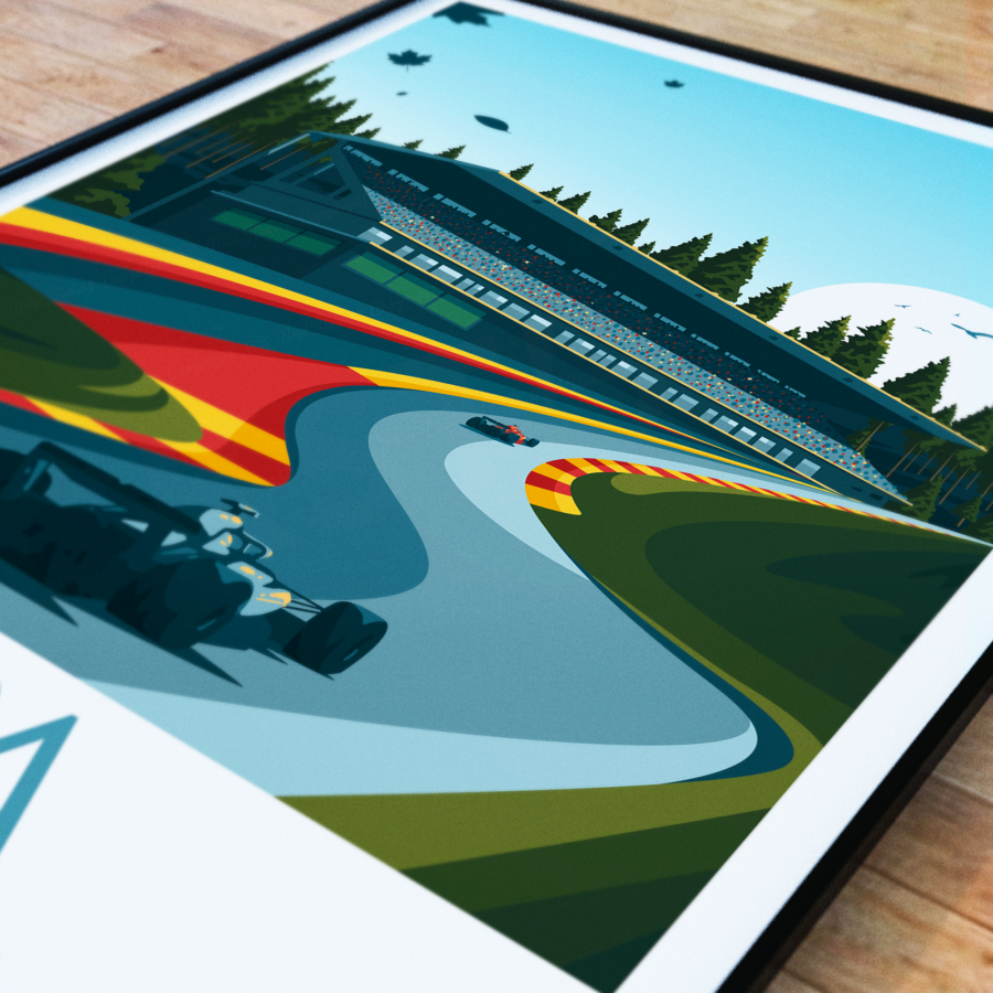 Spa poster, F1 Belgian Grand Prix, Belgian Grand Prix artwork, Spa print , Fan art, Black frame from the F1 Posters & Prints store collection.