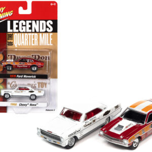 1970 Ford Maverick Red Orange and White "Dyno" Don Nicholson and 1966 Chevrolet Nova White Bill "Grumpy" Jenkins "Legends of the Quarter Mile" Series Set of 2 Cars 1/64 Diecast Model Cars by Johnny Lightning by Diecast Mania