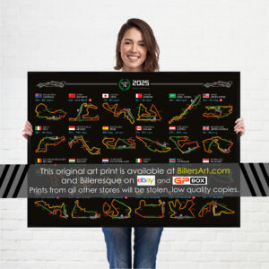 Formula 1 2025 Season Info Calendar Poster on Black Landscape F1 Posters & Prints by Billeresque