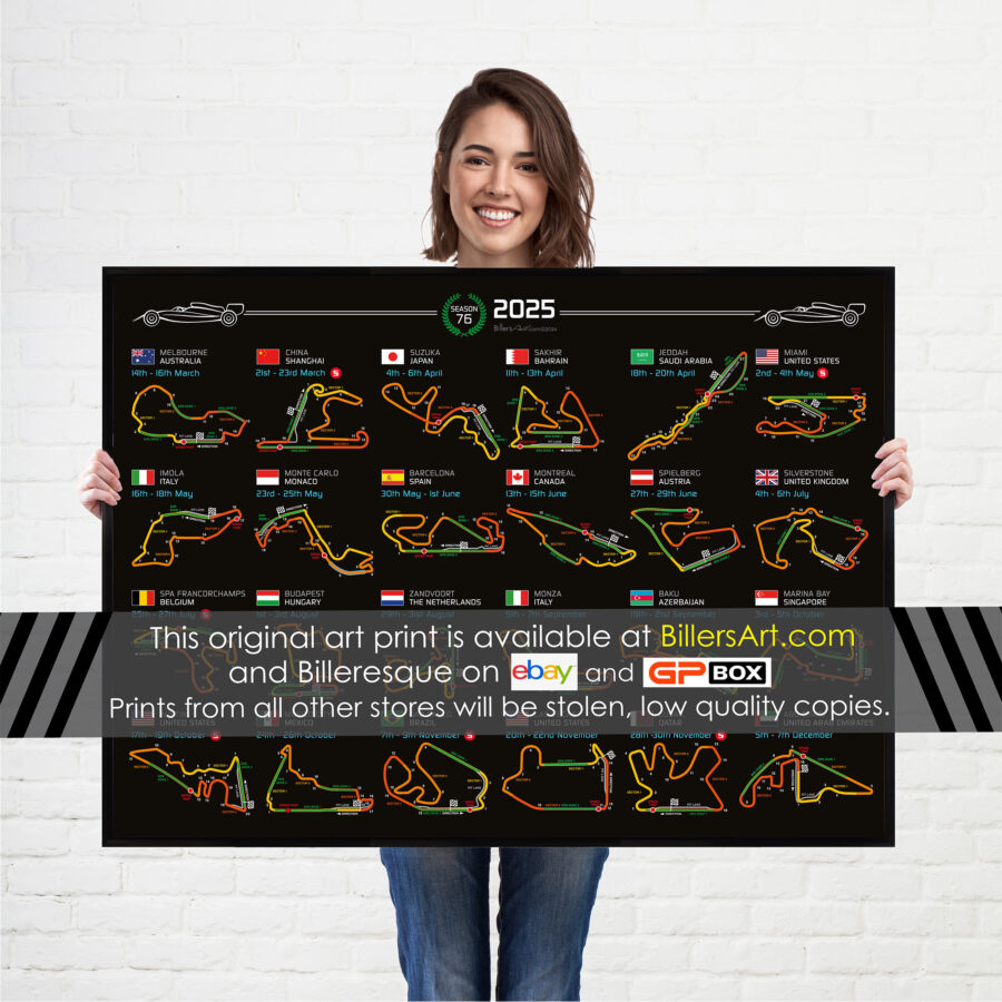 Formula 1 2025 Season Info Calendar Poster on Black Landscape from the F1 Posters & Prints store collection.