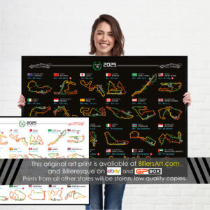 Formula 1 2025 Season Info Calendar Poster on Black Landscape F1 Posters & Prints by Billeresque