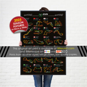 Formula 1 2025 Season Info Calendar Poster on Black F1 Posters & Prints by Billeresque