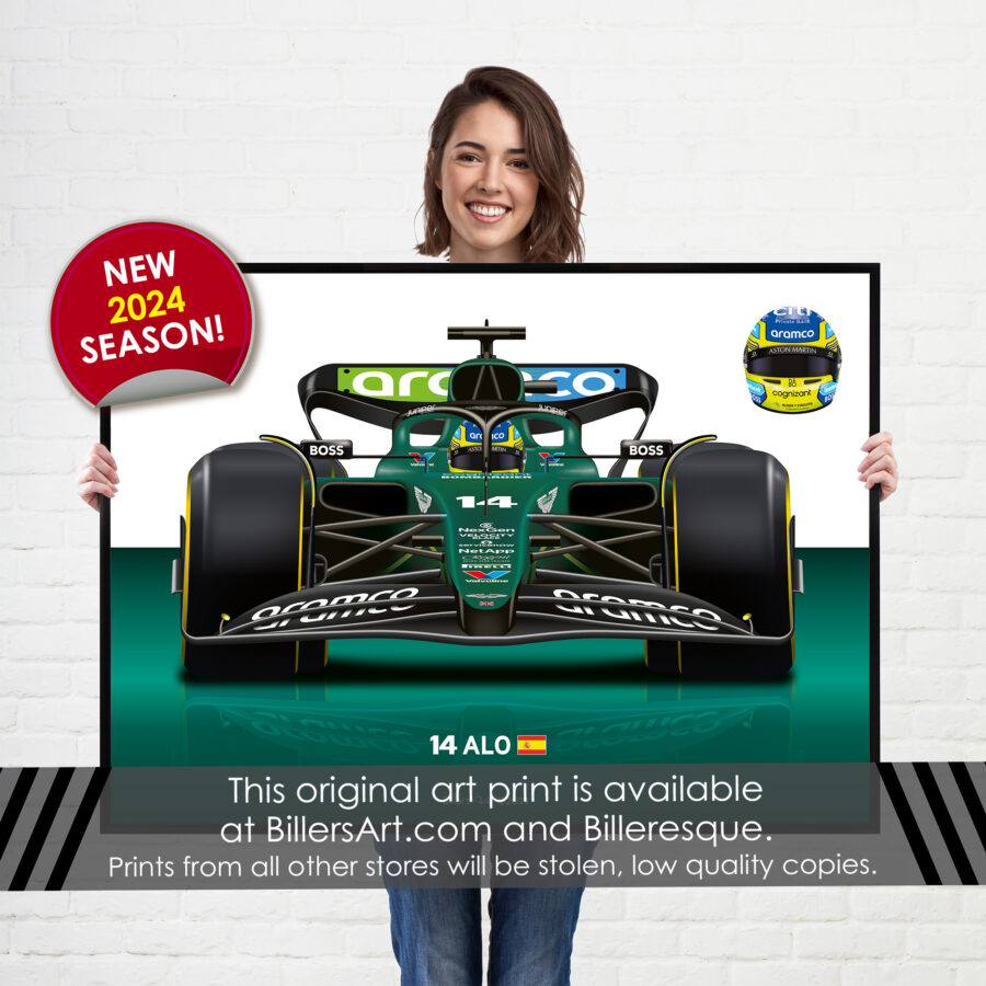 Fernando Alonso 2024 Aston Martin F1 car wall art poster print from the F1 Posters & Prints store collection.