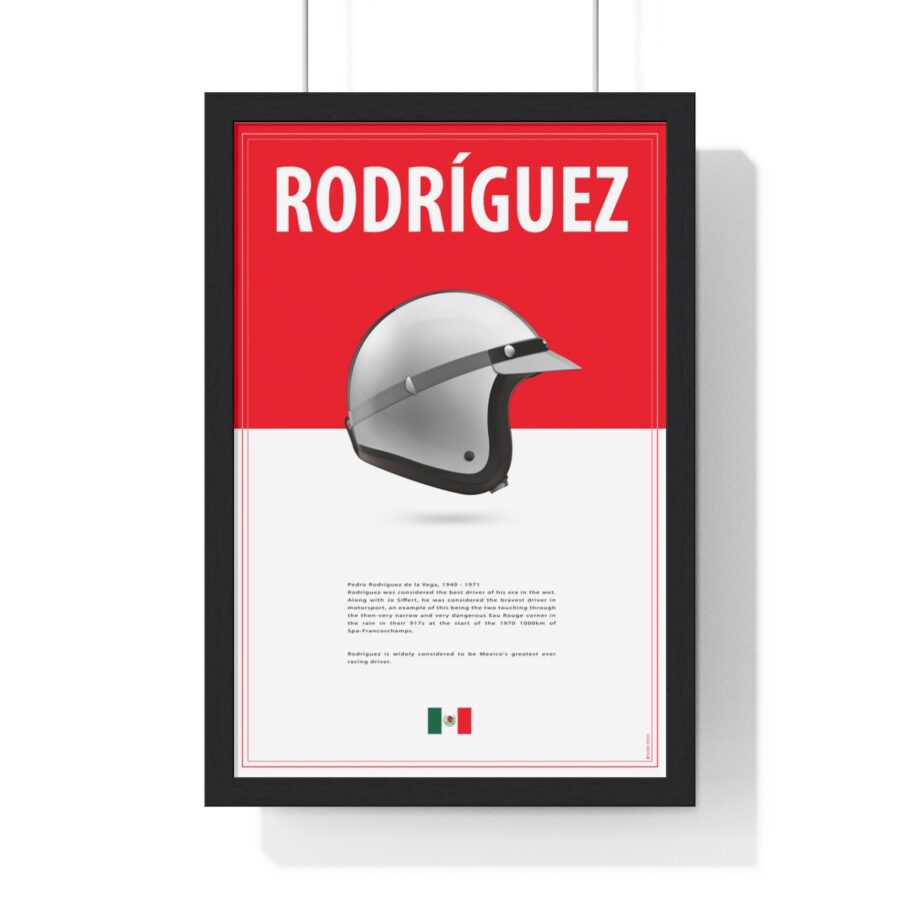 Pedro Rodriguez Racing Helmet Framed from the F1 Posters & Prints store collection.