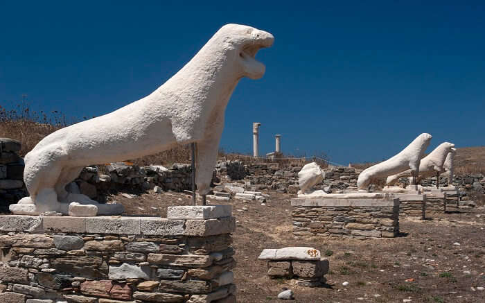 Terrace of the Lions, Delos island in Cyclades in Greece