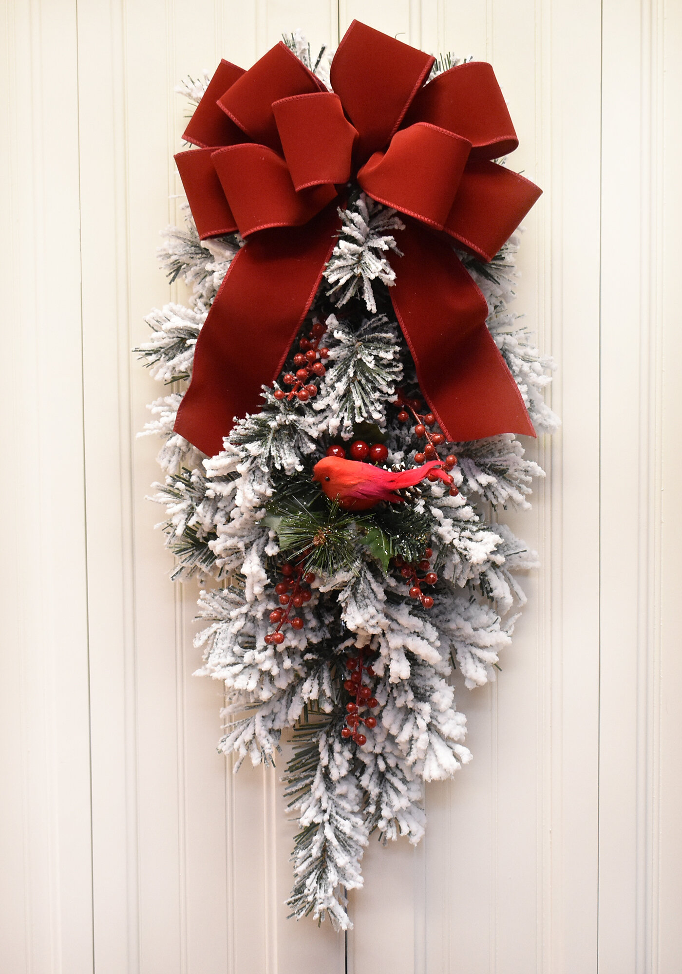 Floral Home Decor Holiday Cardinal Door Swag with Flocked Snow ...