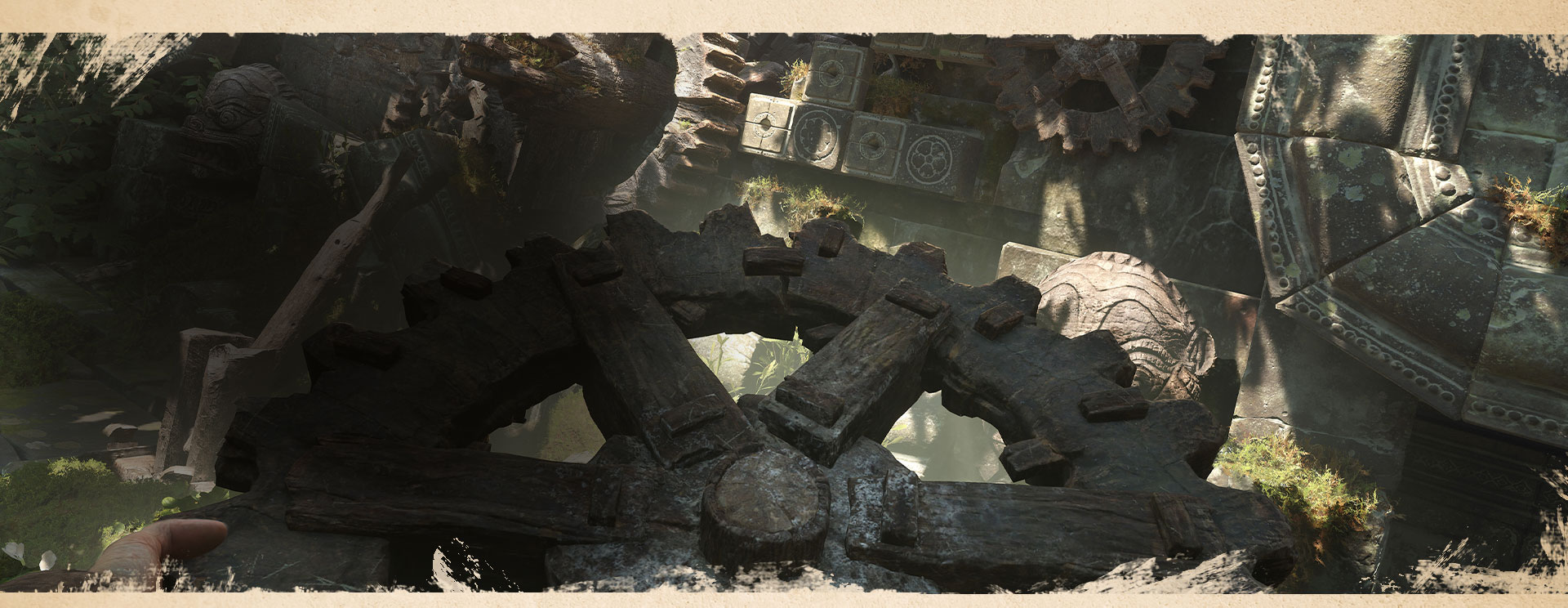 From a first-person perspective, Indiana Jones works to place a wooden gear into a stone mechanism.