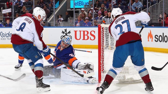 Ilya Sorokin #30 of the New York Islanders tends net against Cale Makar #8 of the Colorado Avalanche during the first period at UBS Arena on January 28, 2025 in Elmont, New York. 