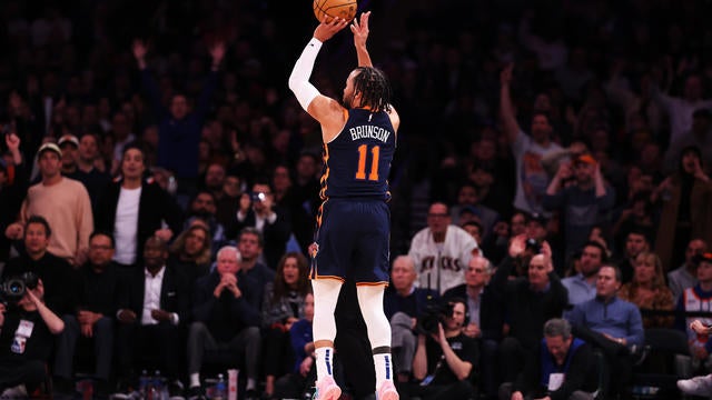 Jalen Brunson #11 of the New York Knicks hits a three pointer against the Denver Nuggets during their game at Madison Square Garden on January 29, 2025 in New York City. 