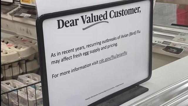 A sign reading, "Dear Valued Customer, As in recent years, recurring outbreaks of Avian (bird) flu may affect fresh egg supply and pricing." 