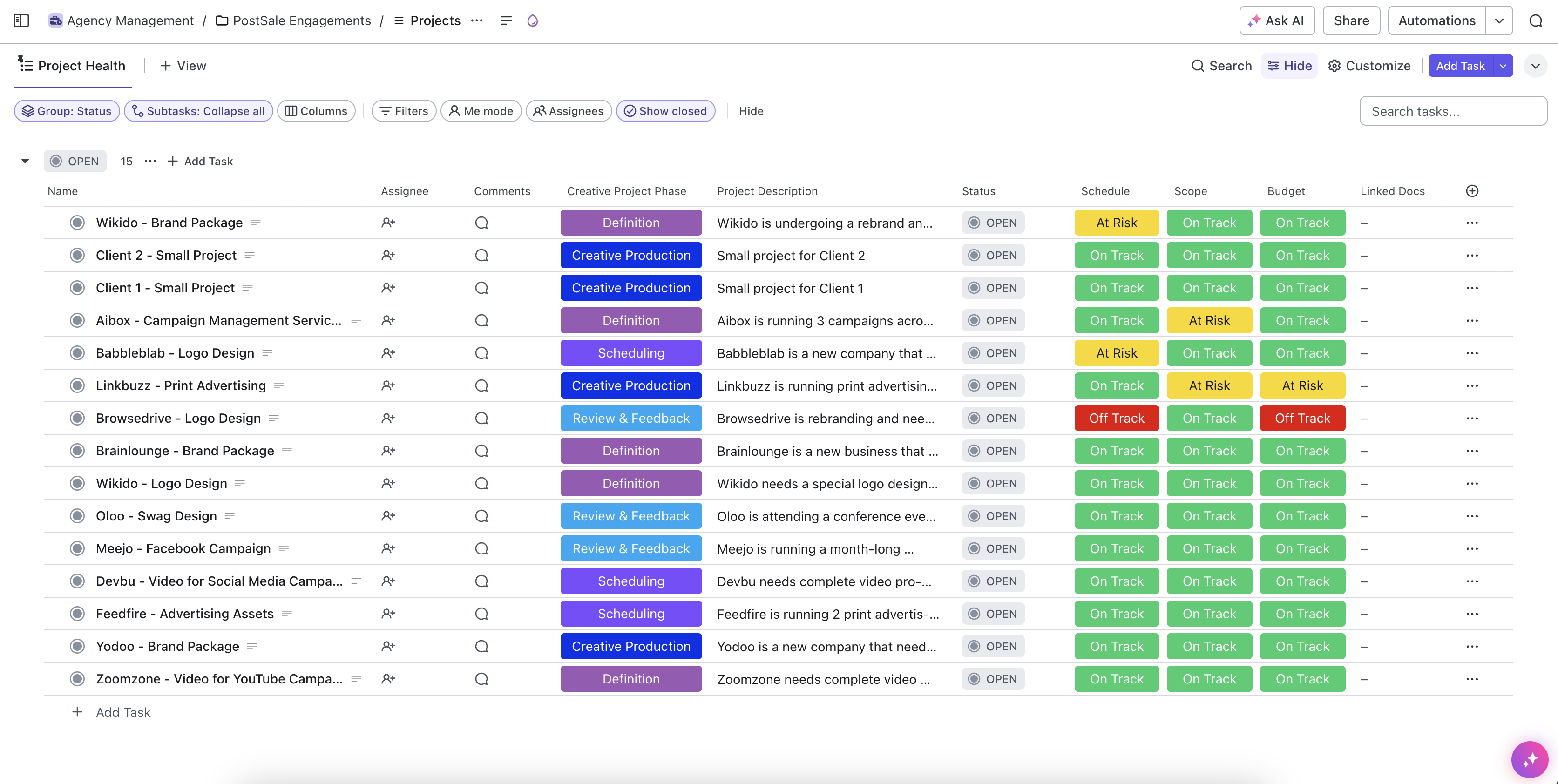 This is the ultimate template for all agencies, especially a creative agency or marketing agency. It includes everything you need to manage your sales pipeline, project scoping, resource management, client onboarding, project delivery, change requests, client feedback, and more.