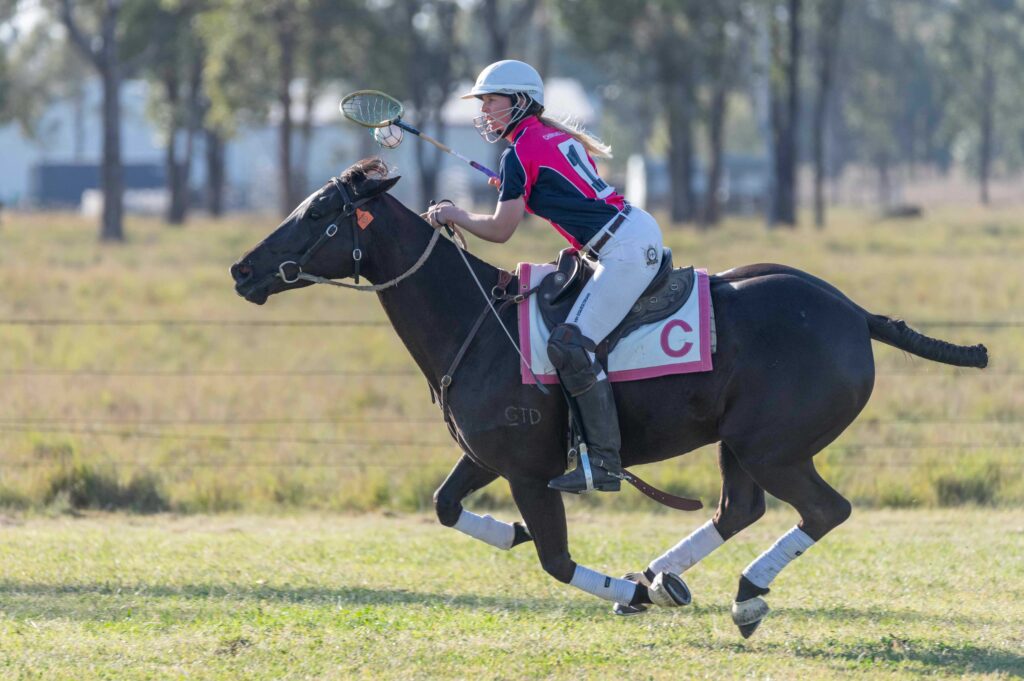 Chinchilla player on black horse carrying ball down the field