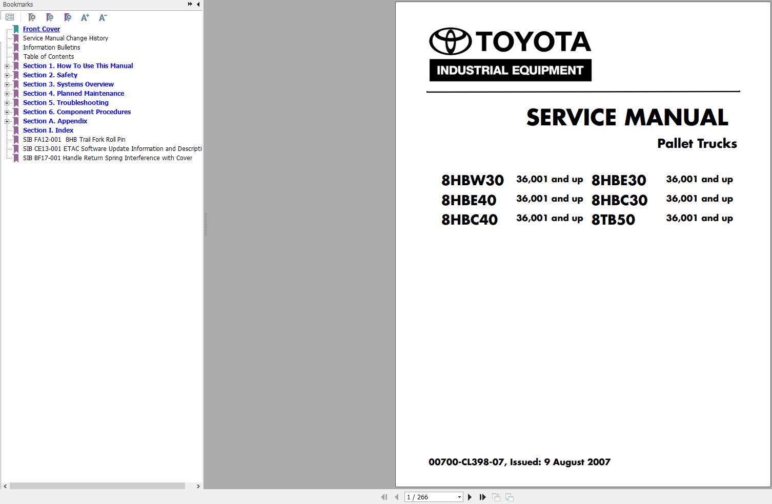 Toyota Forklift 8HBE30 to 8HBC40, 8HBW30 8TB50 Service Manual