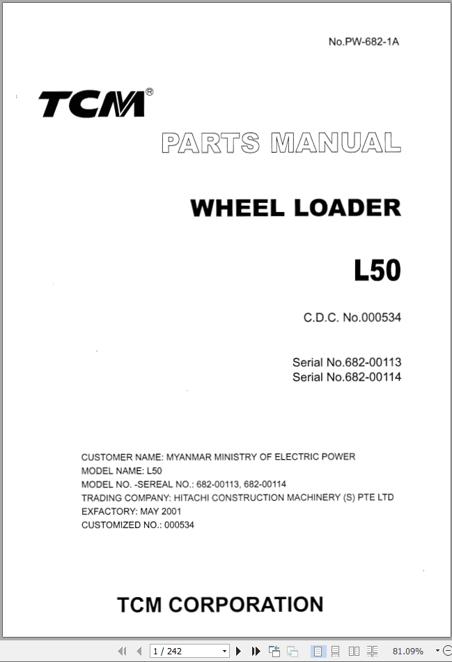 TCM Wheel Loader L50 Parts Manual