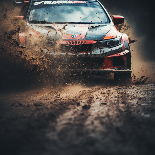 Rally car in motion, minimalist closeup.