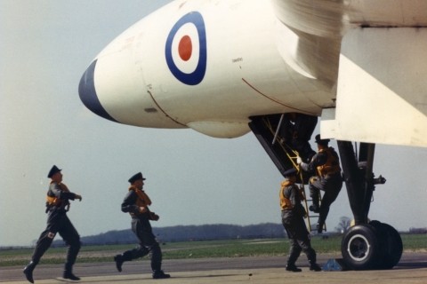 Scramble! A Vulcan wastes no time getting on board during an exercise in the early 1960s. (Crown Copyright)