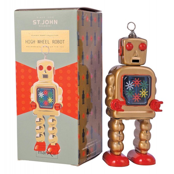 Saint John - High Wheel Robot - Collectible Retro Wind Up Tin Toy - Gold / Bronze - Tin Toys