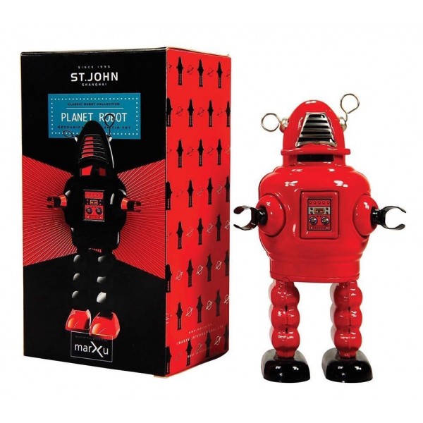 Saint John - Planet Robot - Collectible Retro Wind Up Tin Toy - Red - Tin Toys