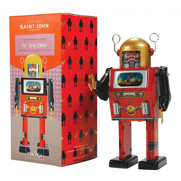 Saint John - TV Spaceman - Collectible Retro Wind Up Tin Toy - Red and Black- Tin Toys