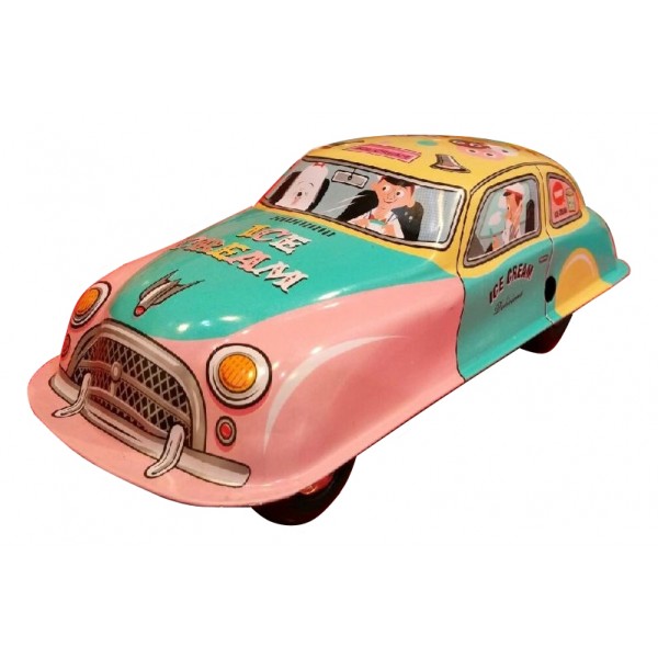 Saint John - Ice Cream Wagon Car - Collectible Retro Wind Up Tin Toy - Pink Turquoise Yellow - Tin Toys