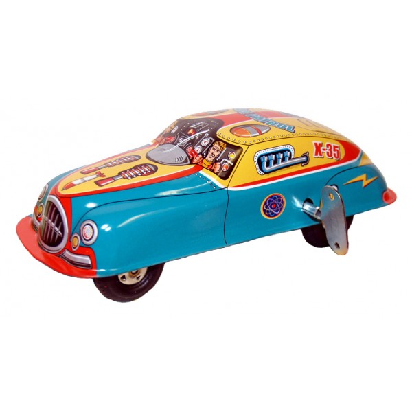 Saint John - Space Patrol Car - Collectible Retro Wind Up Tin Toy - Yellow Red Blue - Tin Toys