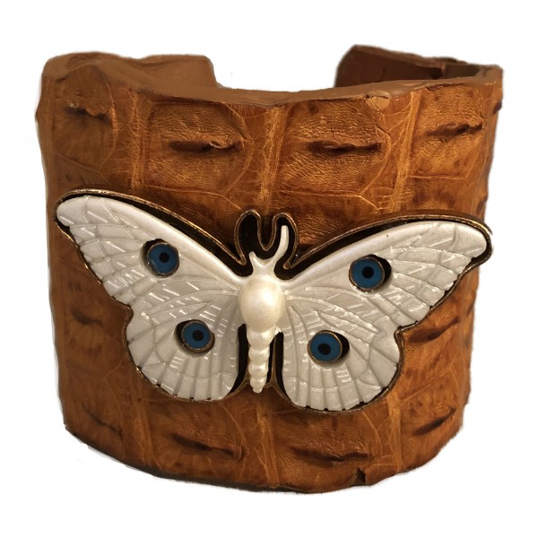 Kristina MC - Crocodile Bracelet with Butterfly - Brown Walnut - High Quality Leather Craft