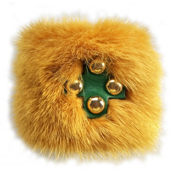 Kristina MC - Mink Fur Bracelet with Studs - Yellow Ochre - High Quality Leather Craft