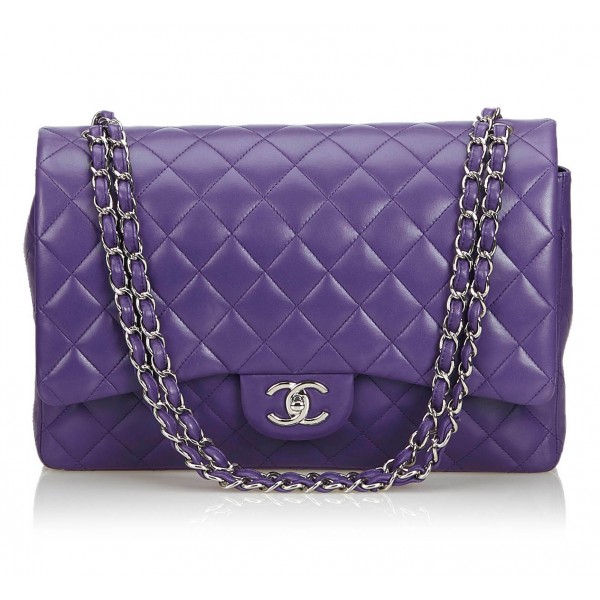 Chanel Vintage - Classic Maxi Lambskin Leather Double Flap Bag - Purple - Leather and Lambskin Handbag - Luxury High Quality