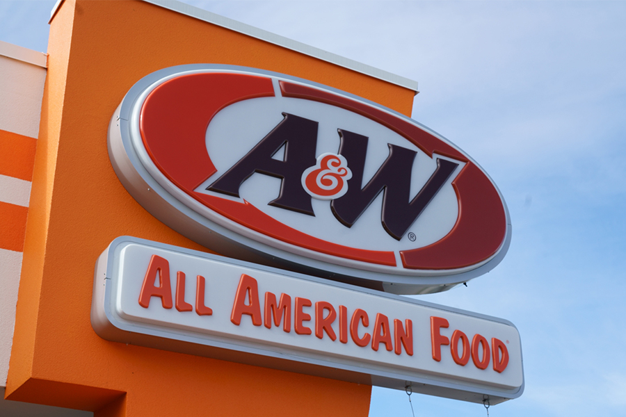 Close-up photo of an A&W Restaurants sign outside