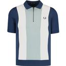 fred perry mens vertical stripe zip neck knitted polo tshirt blue