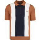 fred perry mens vertical stripe zip neck knitted polo tshirt brown