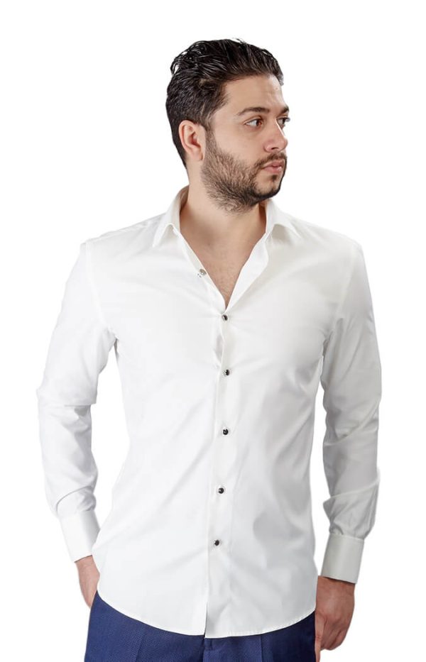 Slim Fit Ivory Spread Collar French Cuff Tuxedo Shirt - Image 4