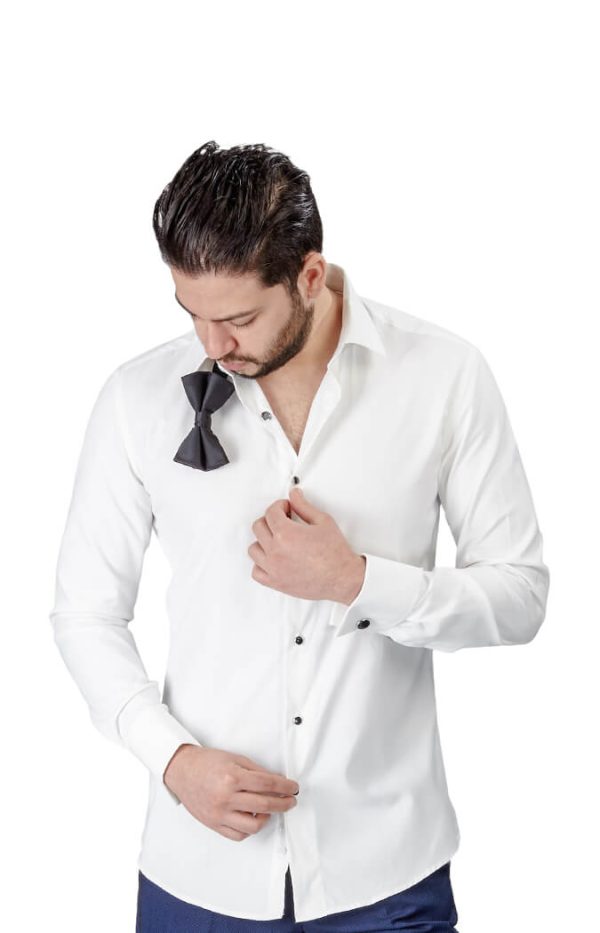 Slim Fit Ivory Spread Collar French Cuff Tuxedo Shirt - Image 5