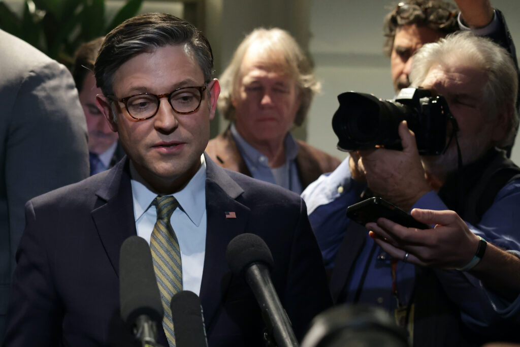 U.S. Speaker of the House Rep. Mike Johnson, R-La., speaks to members of the press at the U.S. Capitol on Dec. 20, 2024 in Washington, D.C.  (Photo by Alex Wong/Getty Images)