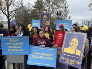 Michigan Democratic Rep. Rashida Tlaib, left, speaks at a press conference hosted by immigrant youth, allies and advocates outside the U.S. Capitol in Washington, D.C., on Tuesday, Dec. 17, 2024. (Photo by Shauneen Miranda/States Newsroom)