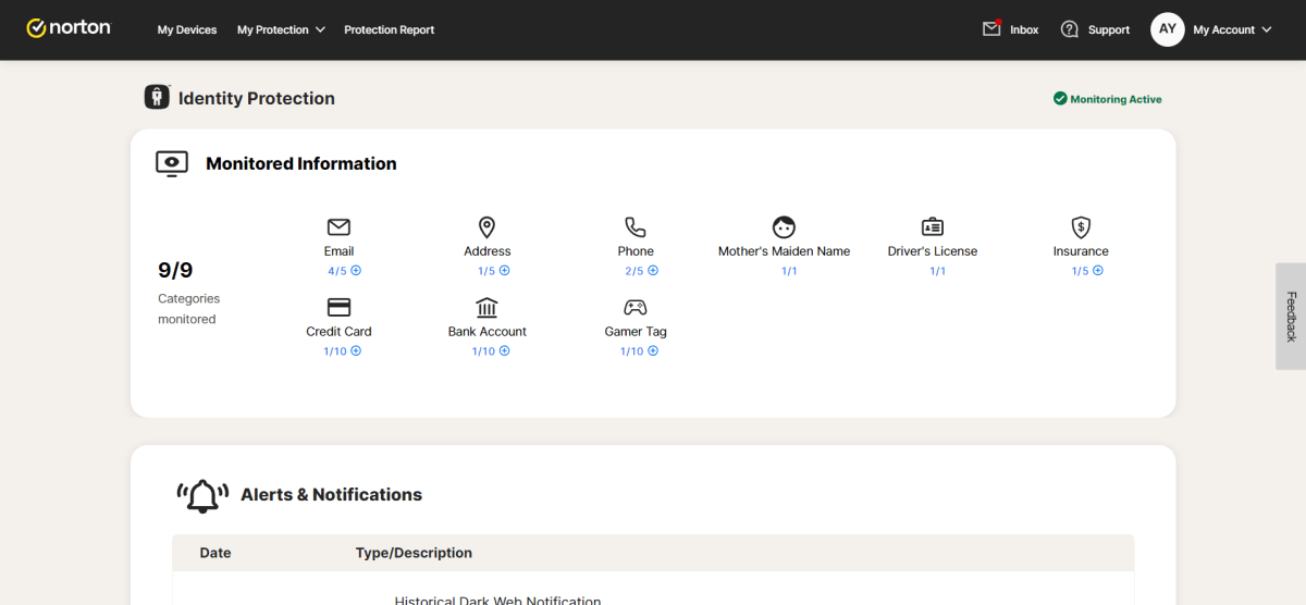 Norton 360 Deluxe Dark Web Monitoring interface