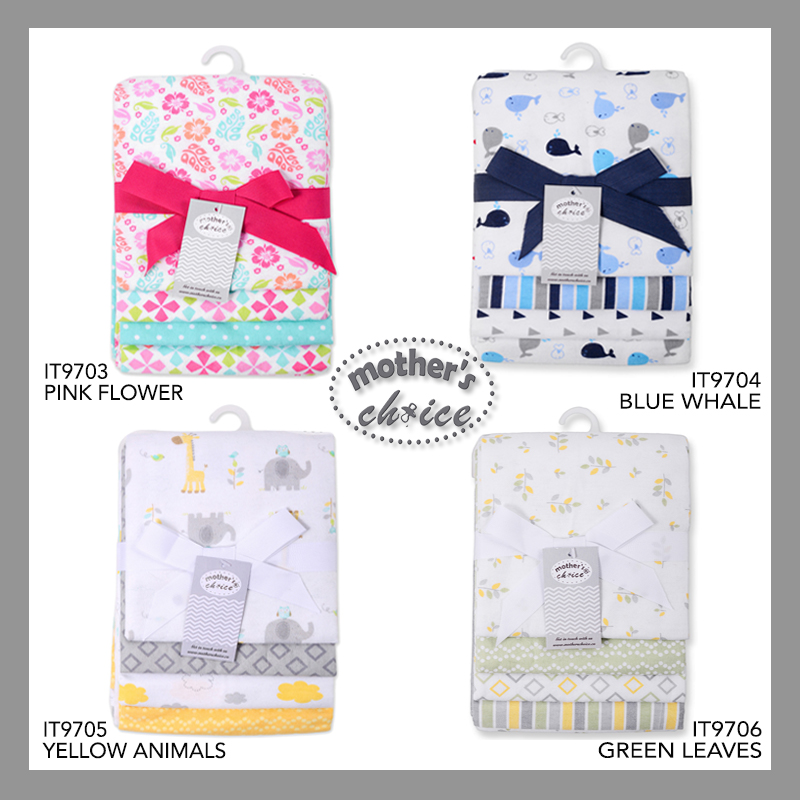 Mother's Choice Infant / Baby 100% Pure Cotton Flannel Receiver/Wrap/Blanket - 4-Piece Pack