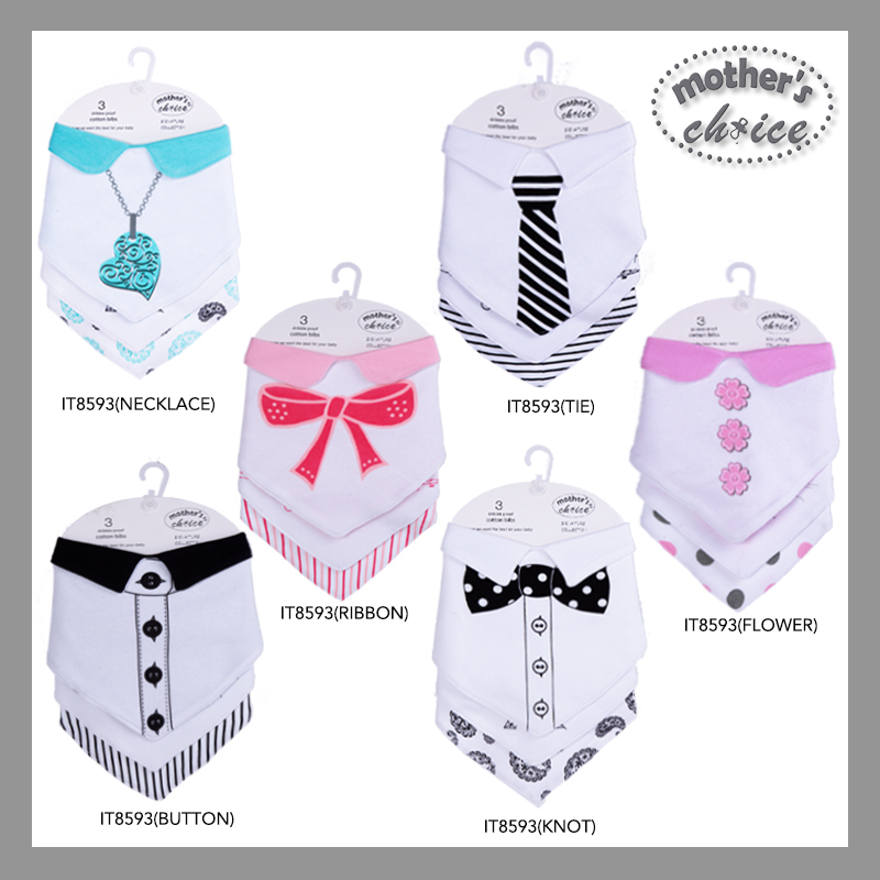 Mother's Choice Infant / Baby Stylish 100% Pure Cotton Bibs with Collar and Waterproof Lining - 3-Piece Pack