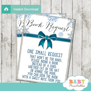 baby it's cold outside book request cards blue silver winter wonderland snowflakes boy blue teal silver gray ribbon bow elegant