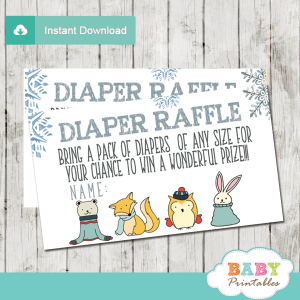 baby it's cold outside diaper raffle tickets winter woodland wonderland boy silver blue